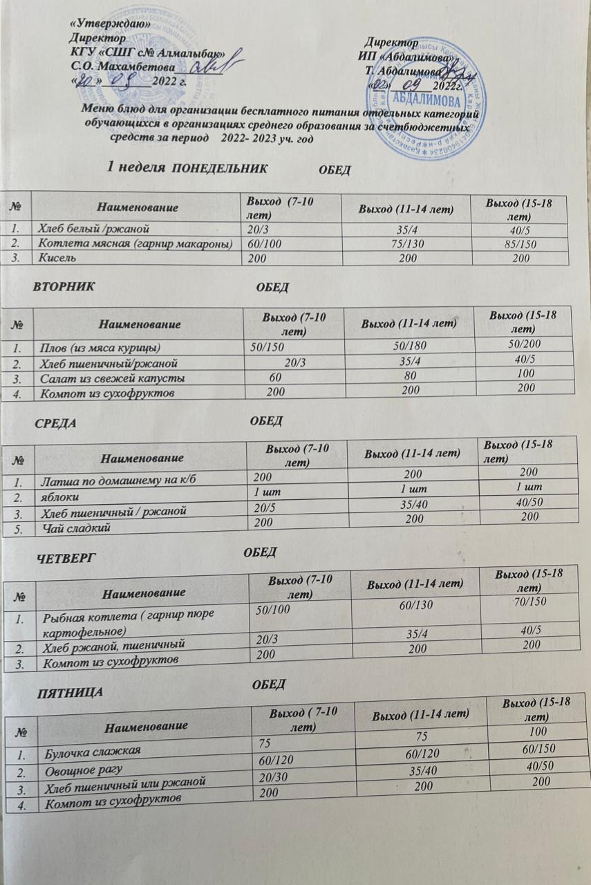 2022-2023 оқу жылына арналған мәзір